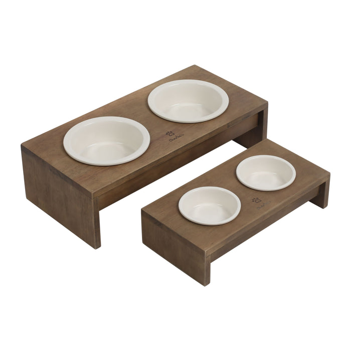 Raised Wooden Dual Pet Feeder with Porcelain Bowls
