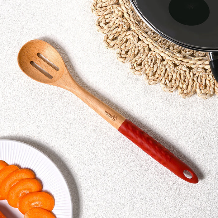 Rustic Beech Wood Slotted Spoon with Silicone Grip Red 35x6.1x2.8cm
