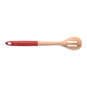 Rustic Beech Wood Slotted Spoon with Silicone Grip Red 35x6.1x2.8cm