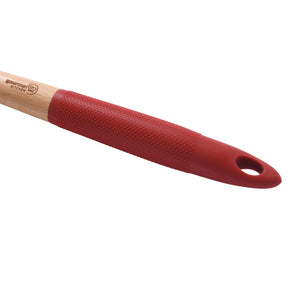 Rustic Beech Wood Slotted Spoon with Silicone Grip Red 35x6.1x2.8cm