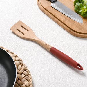 Rustic Beech Wood Slotted Spatula with Silicone Grip Red 35x6.1x3cm