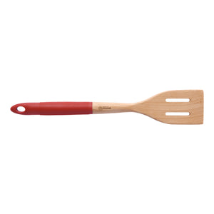 Rustic Beech Wood Slotted Spatula with Silicone Grip Red 35x6.1x3cm