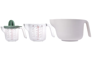 Modern 4pc Food Preparation Set with Mixing Bowl, Measuring Cups, and Juicer