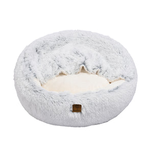 Cushioned Snookie Hooded Faux Fur Calming Dog Bed White