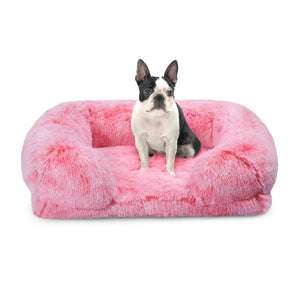 Shaggy Faux Fur Orthopedic Memory Foam Sofa Dog Bed with Bolster Ombre Pink