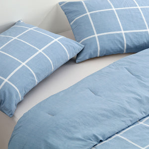 225TC Cotton Washed Comforter Set Checkered-Blue