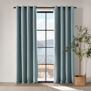 Bennett Faux Linen Blockout Eyelet Curtain Twin Pack Dusty Blue