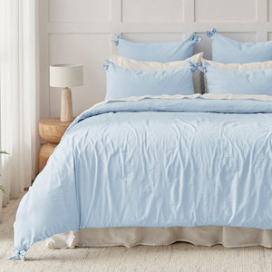 Bonnie Washed Cotton Quilt Cover Set with Bows Sky
