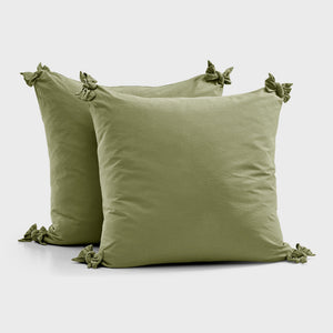 Bonnie Washed Cotton European Pillowcase with Bows Twin Pack Olive 65x65cm