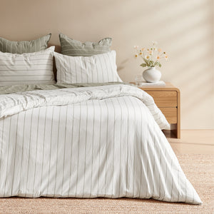 Dreamaker Rumi Washed Cotton Reversible Quilt Cover Set White with Olive Stripe Single Bed