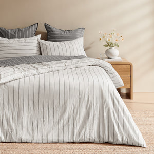 Rumi Washed Cotton Reversible Quilt Cover Set White with Graphite Stripe
