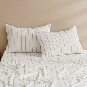 Rumi Washed Cotton Standard Pillowcase Twin Pack White with Olive Stripe