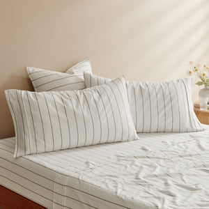 Rumi Washed Cotton King Pillowcase Twin Pack White with Olive Stripe