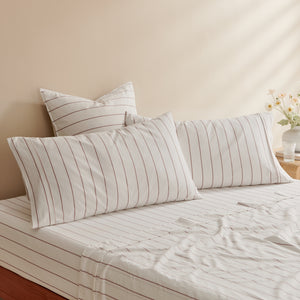 Rumi Washed Cotton King Pillowcase Twin Pack White with Rust Stripe