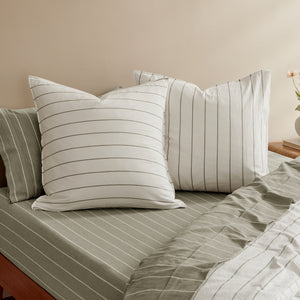 Rumi Washed Cotton Reversible European Pillowcase Twin Pack White with Olive Stripe