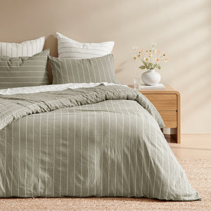 Rumi Washed Cotton Reversible Quilt Cover Set Olive with White Stripe