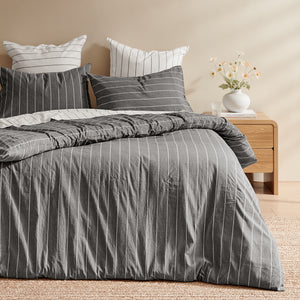 Rumi Washed Cotton Reversible Quilt Cover Set Graphite with White Stripe