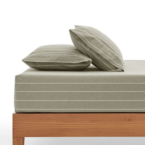 Rumi Washed Cotton Fitted Sheet Set Olive with White Stripe