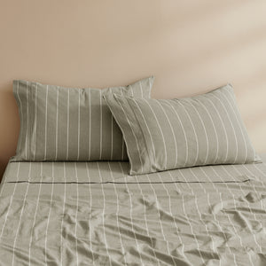 Rumi Washed Cotton Standard Pillowcase Twin Pack Olive with White Stripe