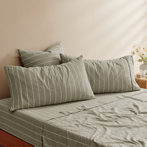 Rumi Washed Cotton King Pillowcase Twin Pack Olive with White Stripe