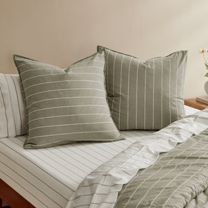 Rumi Washed Cotton Reversible European Pillowcase Twin Pack Olive with White Stripe