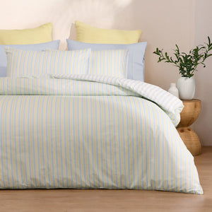 Axel Stripes Cotton Percale Reversible Quilt Cover Set Sky / Citron