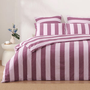 Bowie Washed Cotton Yarn Dyed Stripe Quilt Cover Set Mauve/Cherry