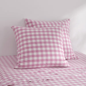 Lola Washed Cotton Yarn Dyed Gingham Euro Pillowcase Pearl Pink Twin Pack