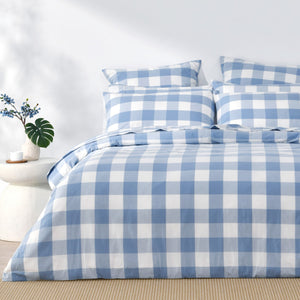 Remy Washed Cotton Yarn Dyed Check Quilt Cover Set Cornflower