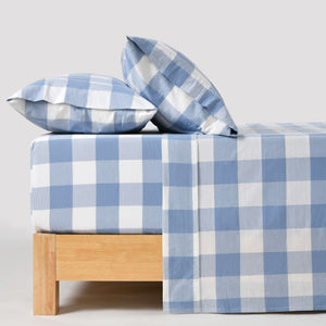 Remy Washed Cotton Yarn Dyed Check Sheet Set Cornflower