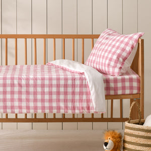 Baby Lola Washed Cotton Yarn Dyed Gingham Quilt Cover Set Pink Pearl Cot