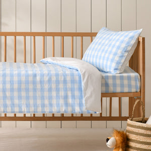 Baby Lola Washed Cotton Yarn Dyed Gingham Quilt Cover Set Sky Cot