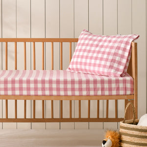 Baby Lola Washed Cotton Yarn Dyed Gingham Fitted Sheet Set Pink Pearl Large Cot