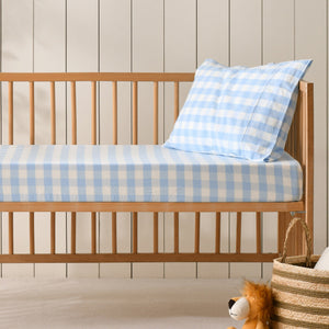 Baby Lola Washed Cotton Yarn Dyed Gingham Fitted Sheet Set Sky Large Cot