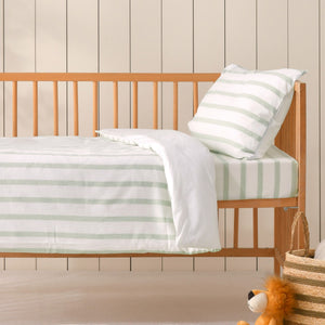 Baby Bask Washed Cotton Yarn Dyed Stripe Quilt Cover Set Sage Cot