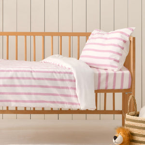 Baby Bask Washed Cotton Yarn Dyed Stripe Quilt Cover Set Pink Pearl Cot