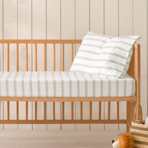 Baby Bask Washed Cotton Yarn Dyed Stripe Fitted Sheet Set Sage Large Cot