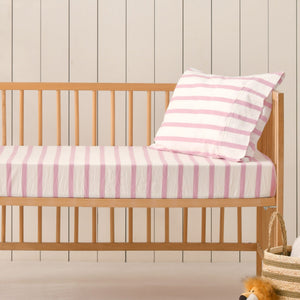 Baby Bask Washed Cotton Yarn Dyed Stripe Fitted Sheet Set Pink Pearl Large Cot