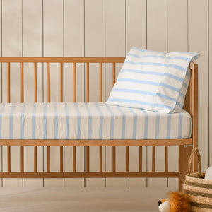 Baby Bask Washed Cotton Yarn Dyed Stripe Fitted Sheet Set Sky Large Cot