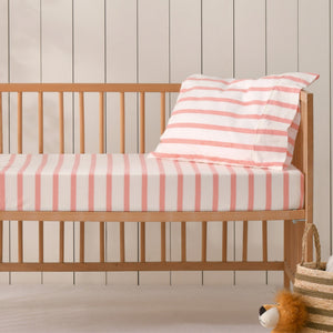 Baby Bask Washed Cotton Yarn Dyed Stripe Fitted Sheet Set Coral Large Cot
