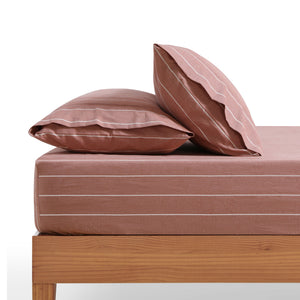 Rumi Washed Cotton Fitted Sheet Set Rust with White Stripe