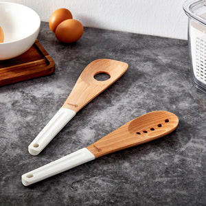 Gourmet Kitchen 2 Piece Modern Beech Wood Spoon Set with Silicone Grip White