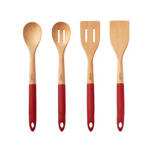 4 Piece Rustic Beech Wood Kitchen Utensil Set with Silicone Grip Red