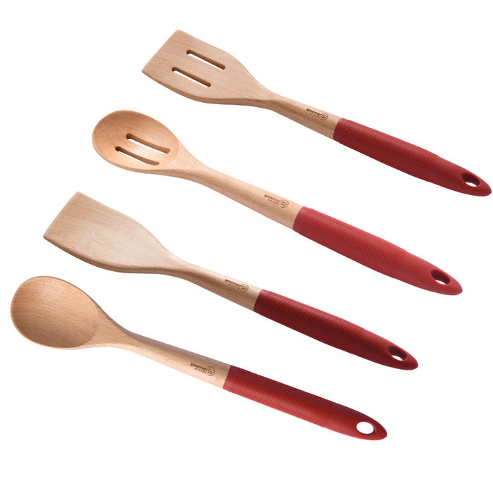 4 Piece Rustic Beech Wood Kitchen Utensil Set with Silicone Grip Red