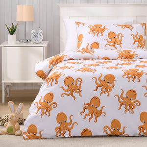 Ollie the Octopus Kids Reversible Quilt Cover Set Orange