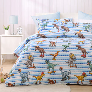 Dino Riders Kids Cotton Reversible Quilt Cover Set Blue