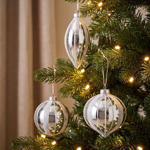 Christmas Glitter Stripe Glass Mixed Shape Baubles (6 Pack) Silver