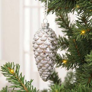 Christmas Pinecone Metallic Glass Baubles (6 Pack) 7x16cm Silver