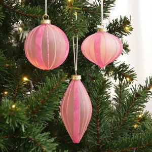 Christmas Glitter Stripe Frosted Glass Mixed Shape Baubles (6 Pack) Blush