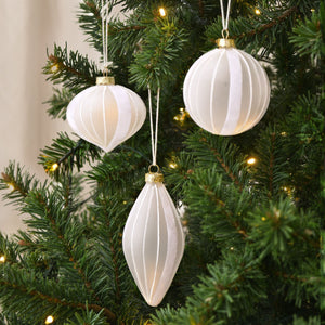 Christmas Glitter Stripe Frosted Glass Mixed Shape Baubles (6 Pack) White